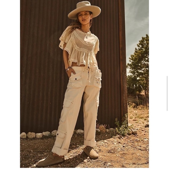 Free People Tahiti Cargo Pants Green Utility Low Rise In Tofu Ivory Size S - Picture 3 of 17